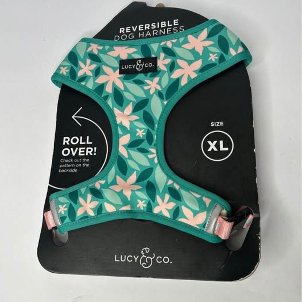 Lucy & Co. XL Reversible Dog Harness Floral Green Pink